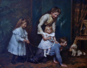 Schilderij spelende kinderen en moeder P.J. Izeren